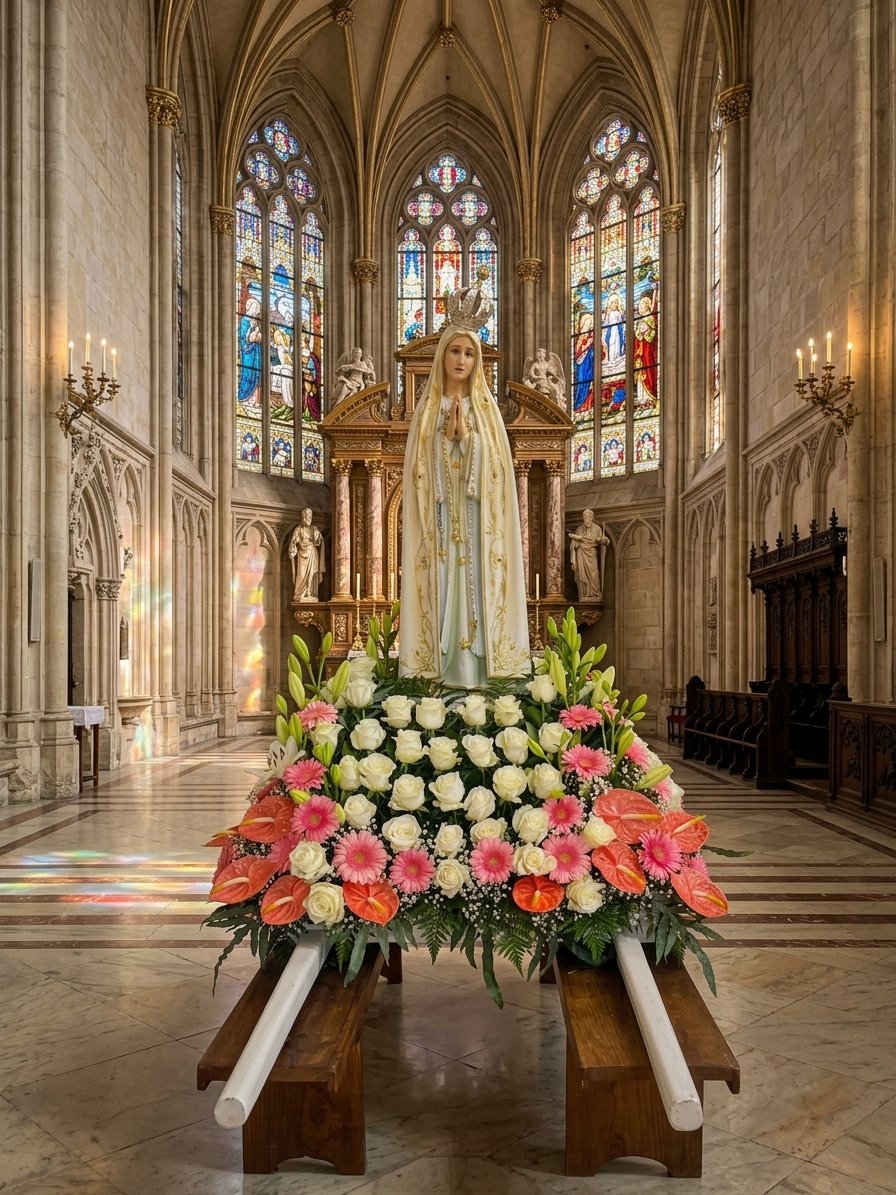 Andor de Nossa Senhora de Fátima decorado com rosas brancas, gérberas e antúrios, pela Florabella, florista em Fafe