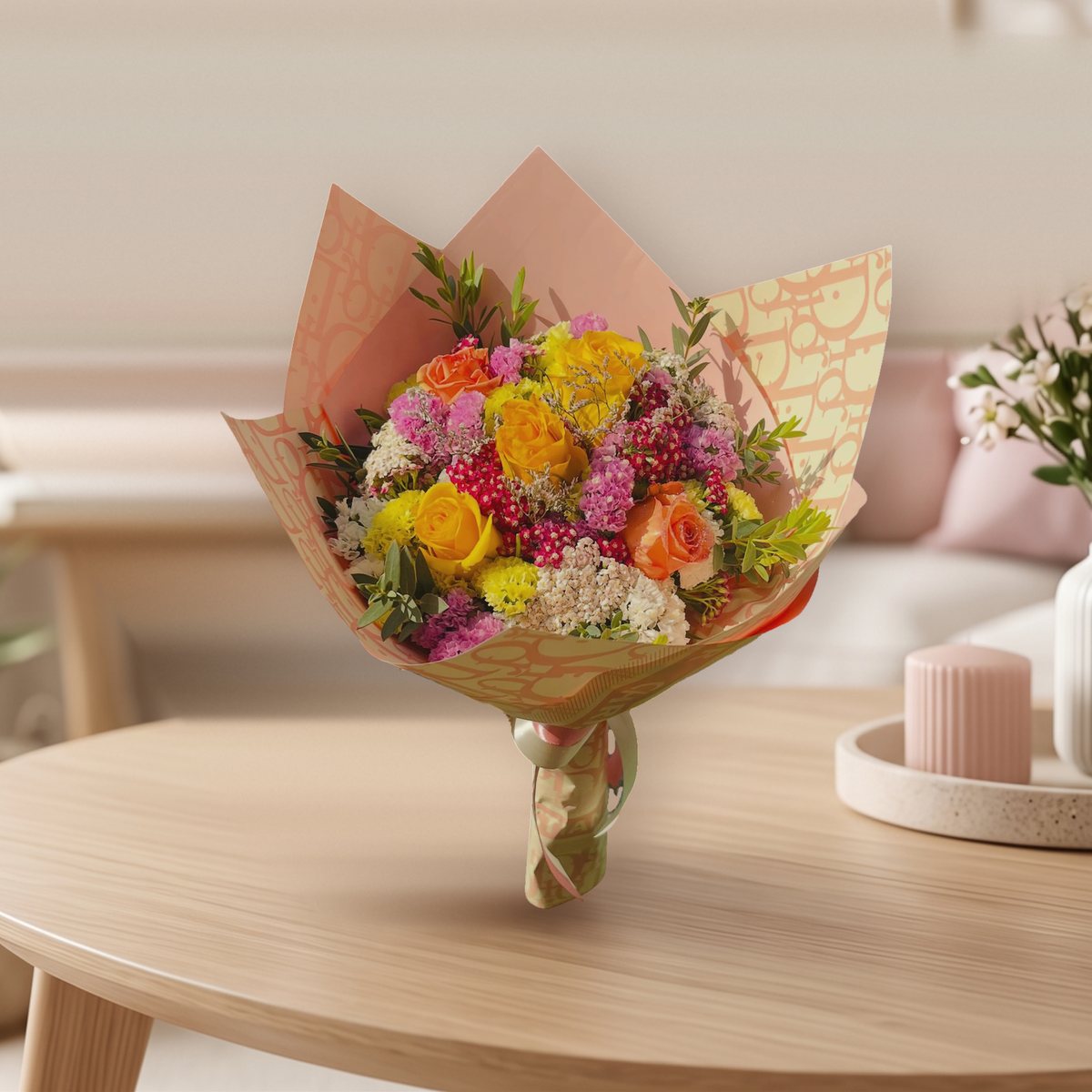 Ramo de flores coloridas com rosas amarelas e laranja, limonium, aquileia e pistácia, em papel rosa, feito pela Florabella em Fafe