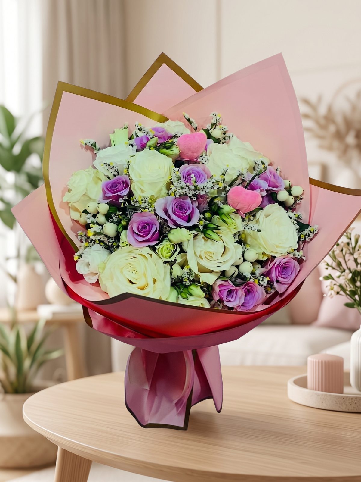 Ramo de rosas brancas e lilases embrulhado em papel rosa, feito pela Florabella em Fafe