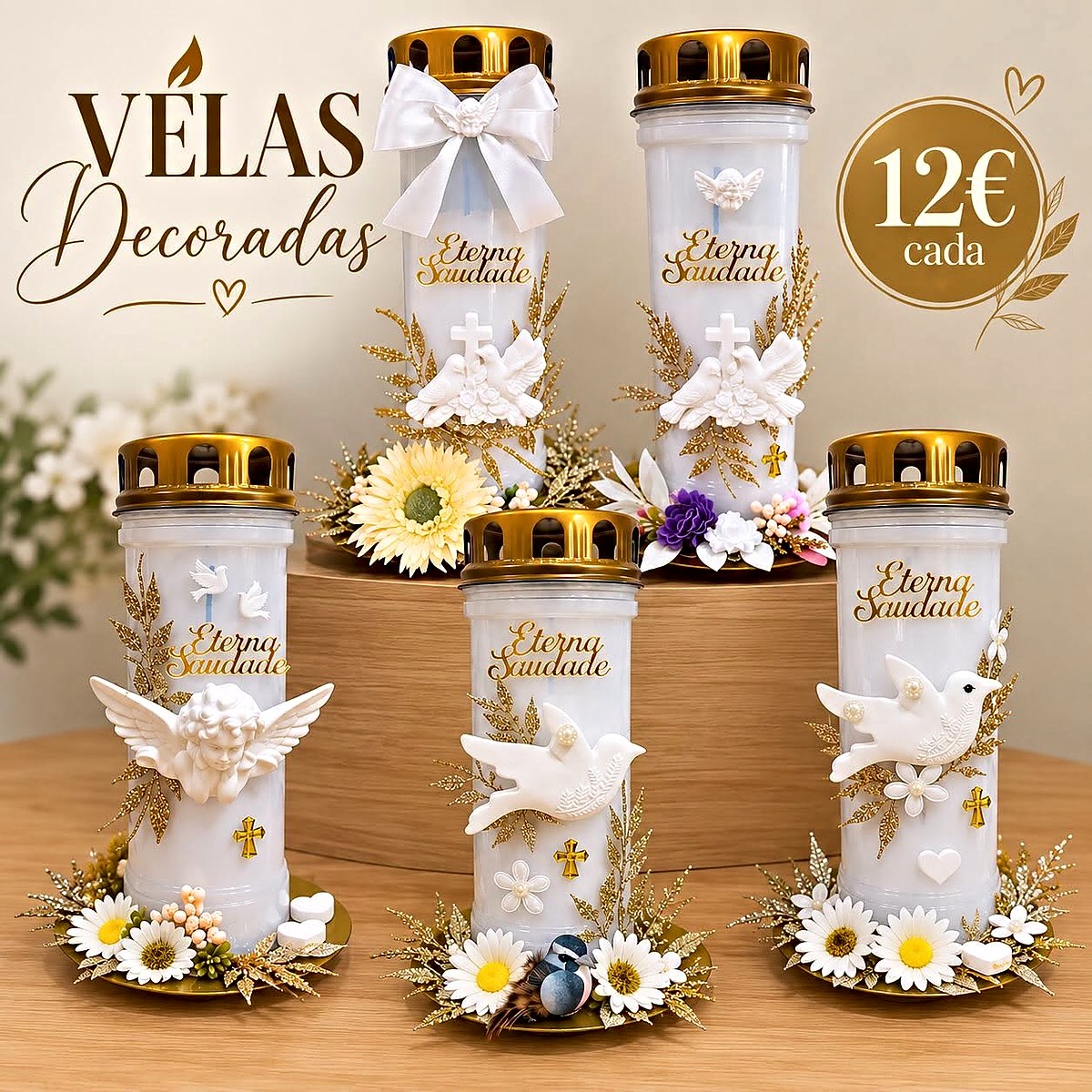 Velas decoradas «Eterna Saudade» com anjos, pombas, cruzes douradas e flores, da Florabella em Fafe