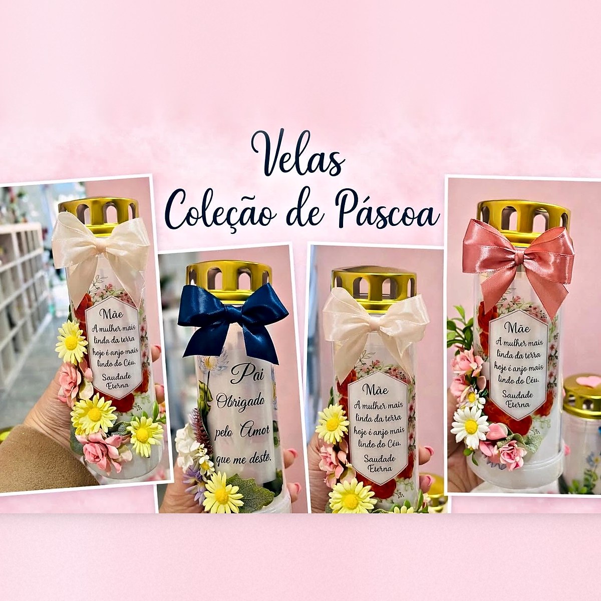 Coleção de Páscoa de velas personalizadas com mensagens para a mãe e o pai, laços de cetim e flores, da Florabella em Fafe